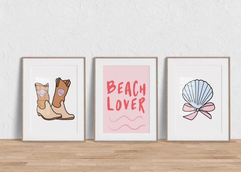 Teen girl beach themed art with bows, seashell and coastal cowgirl themes
